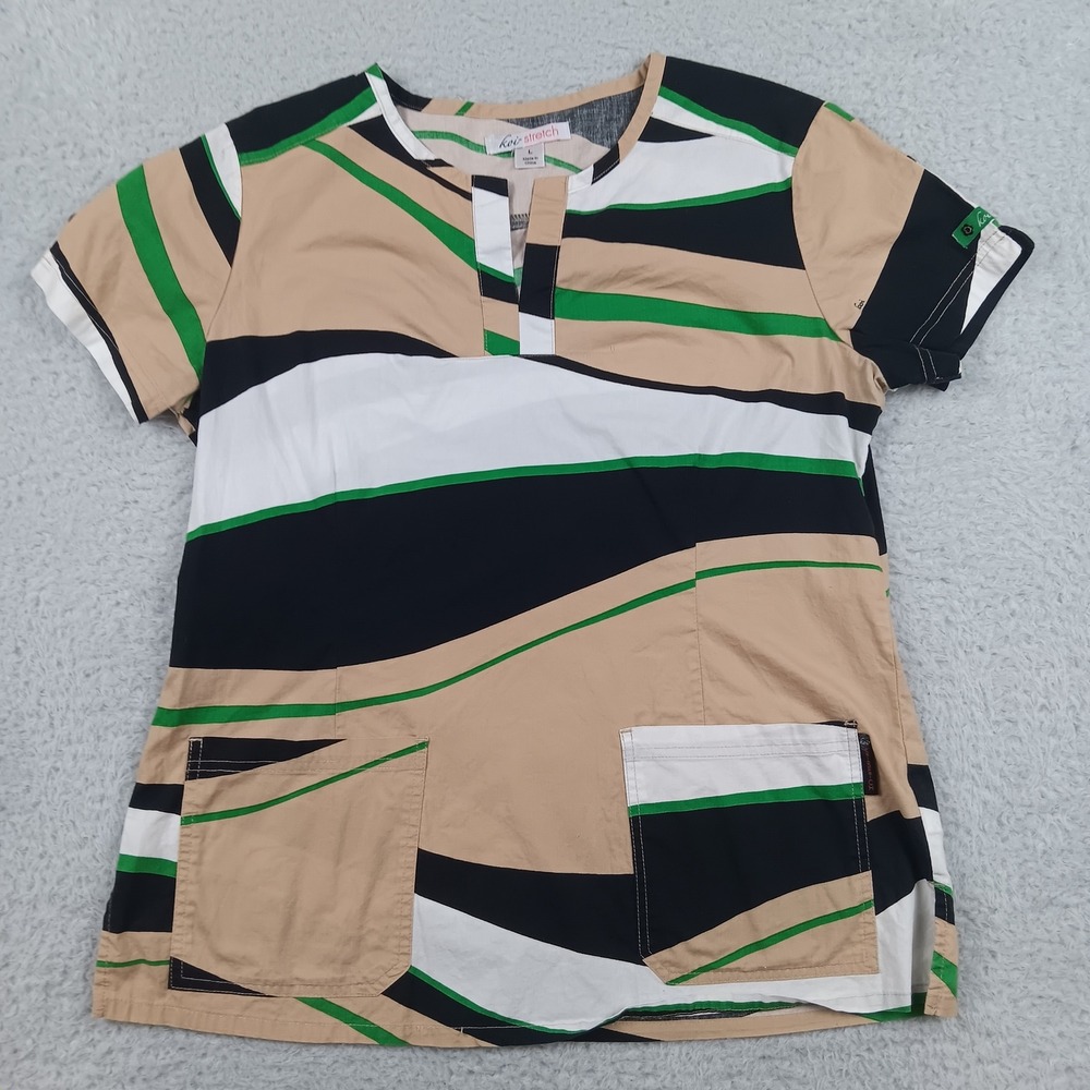 Koi Stretch Scrub Top Womens Large Tan Green Black Wavy Stripe V-Neck Pocket